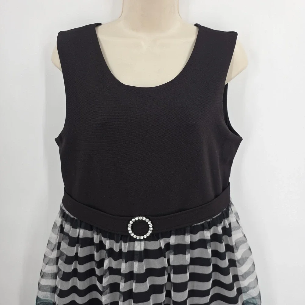 Bonnie Jean Dress Girls 20 Plus Black Stripe Dot Aqua Floral Tulle Belt Party